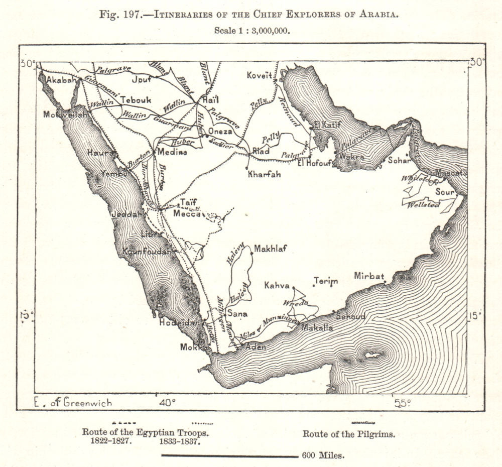 Itineraries of the Chief Explorers of Arabia. Sketch map 1885 old antique